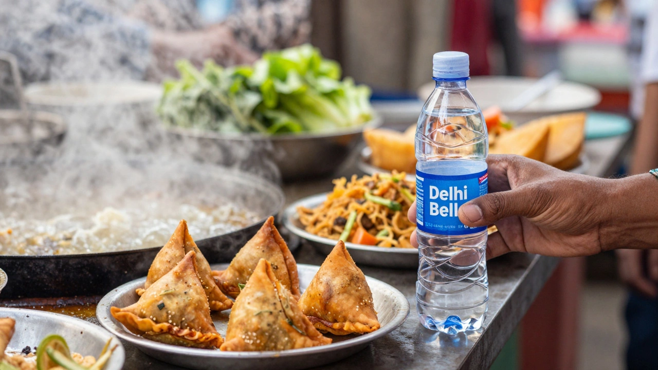 Traveler holding bottled water near fresh, hot street food preparation.