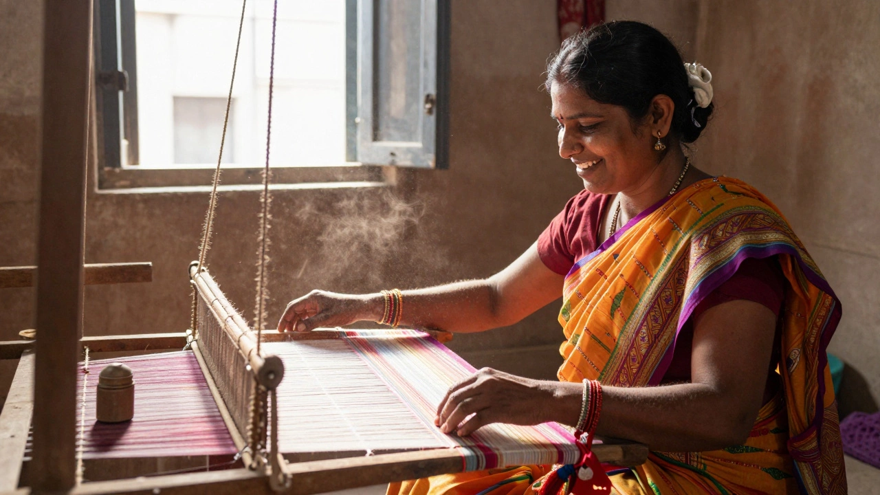 Traveler interacting with a local weaver crafting a sari in a sunlit workshop