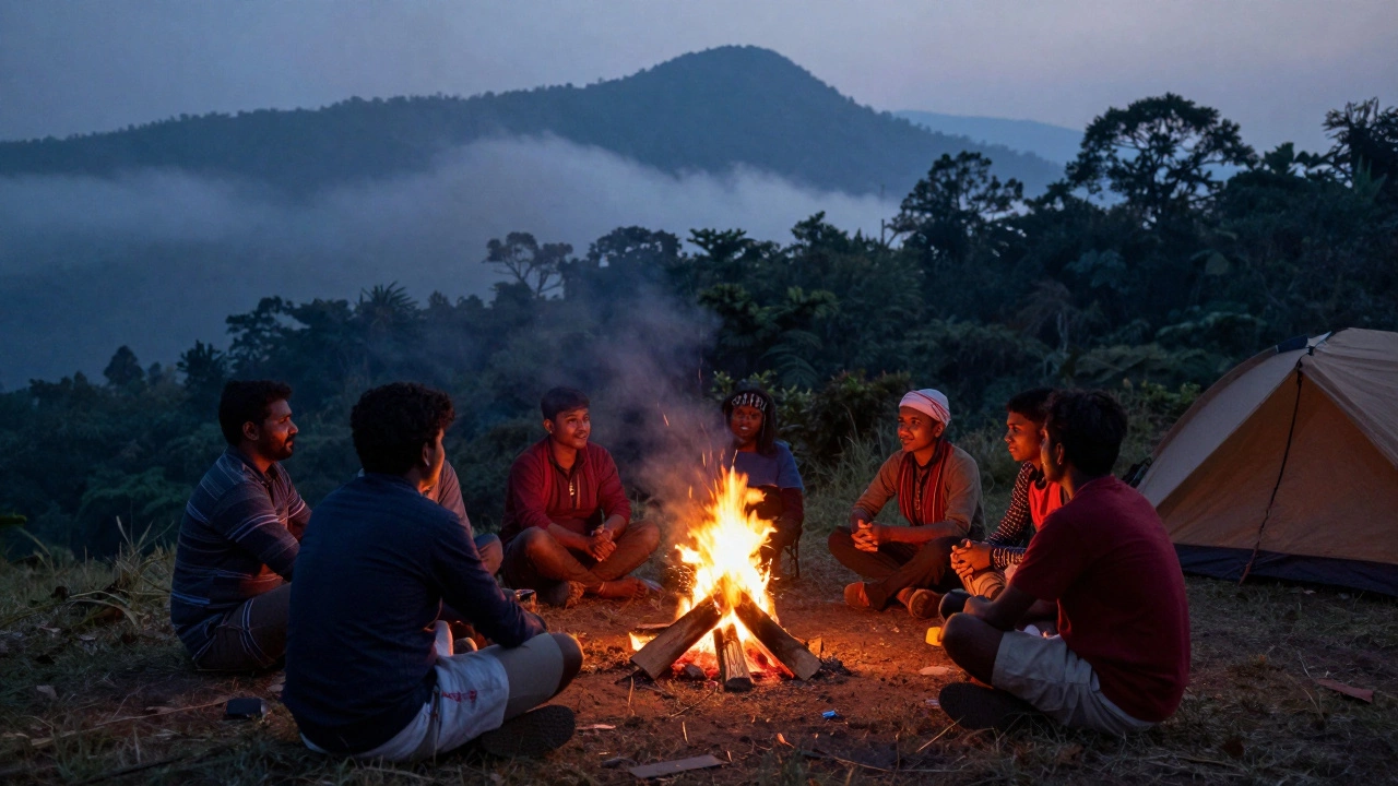 Travelers camping with tribal guides in the misty Araku Valley