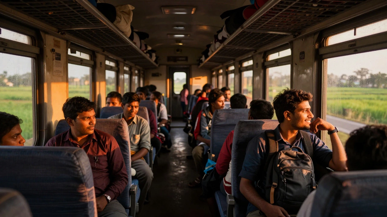 Backpacker smiling in sunlit Indian train compartment