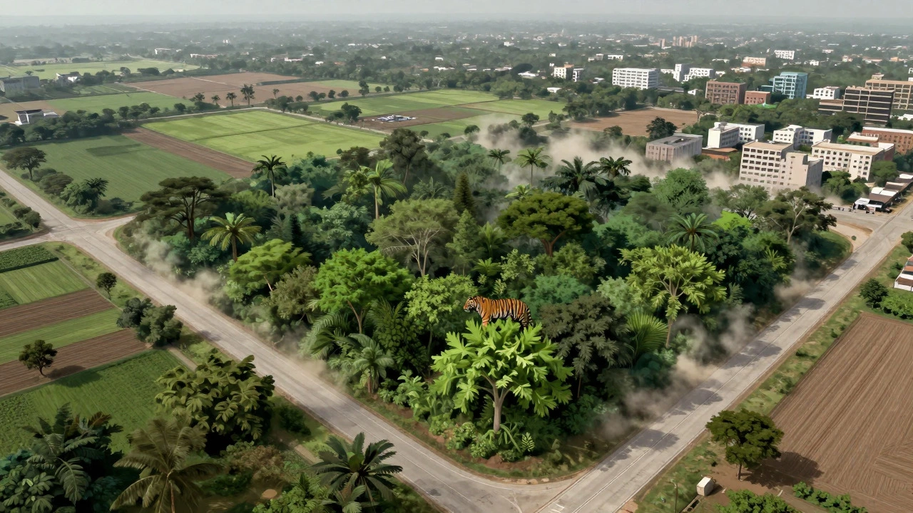 Bengal tiger in a forest fragment surrounded by roads and cities