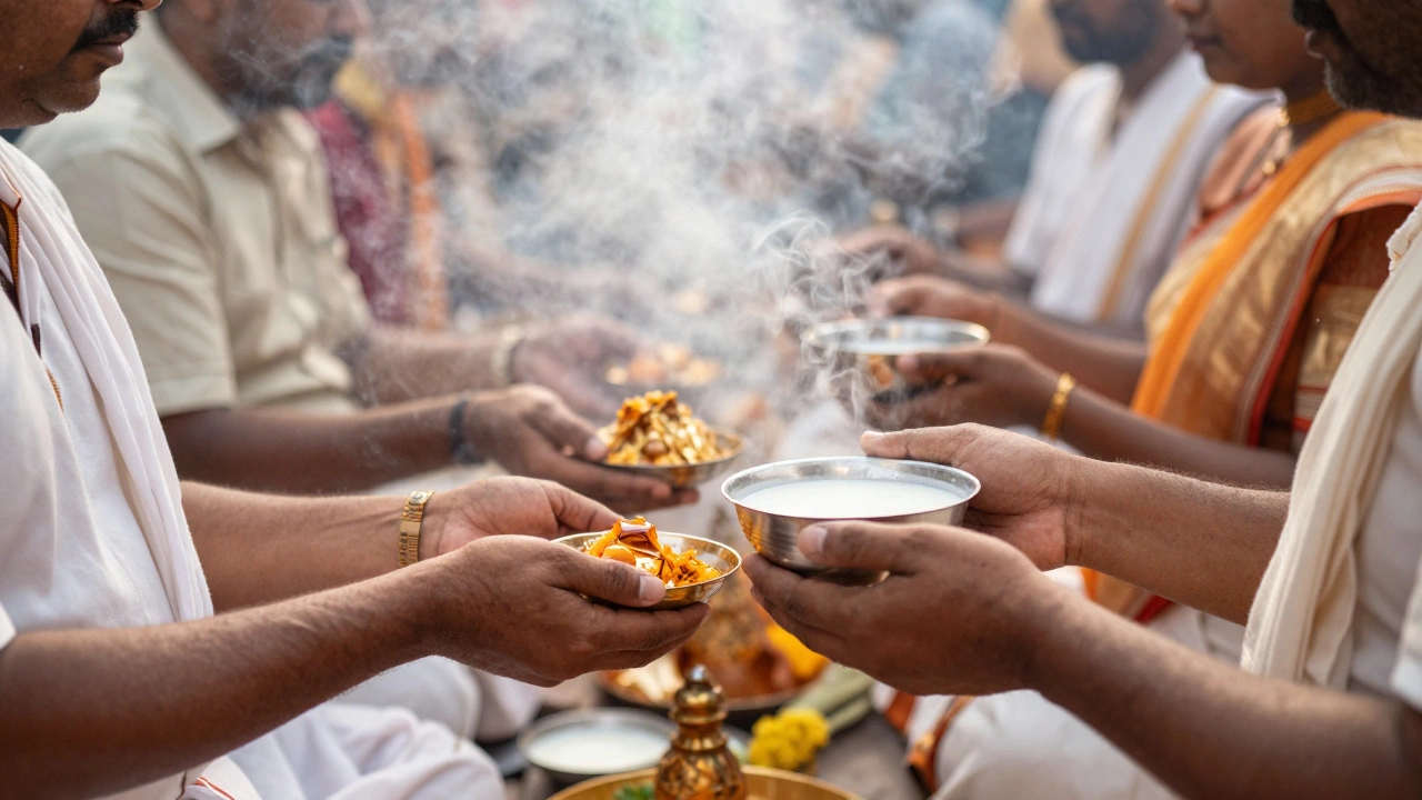 Devotees performing the Srivari Abhishekam ritual with milk and offerings