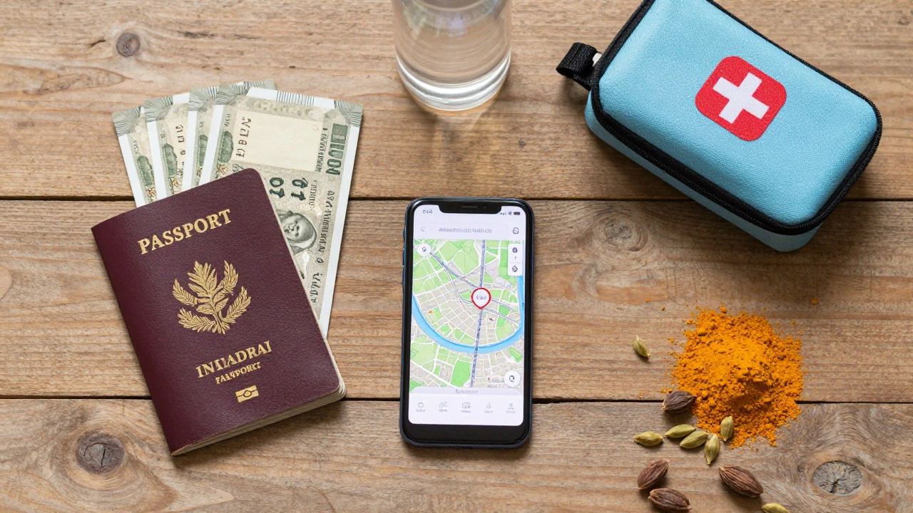 Flat lay of travel essentials including rupees and passport