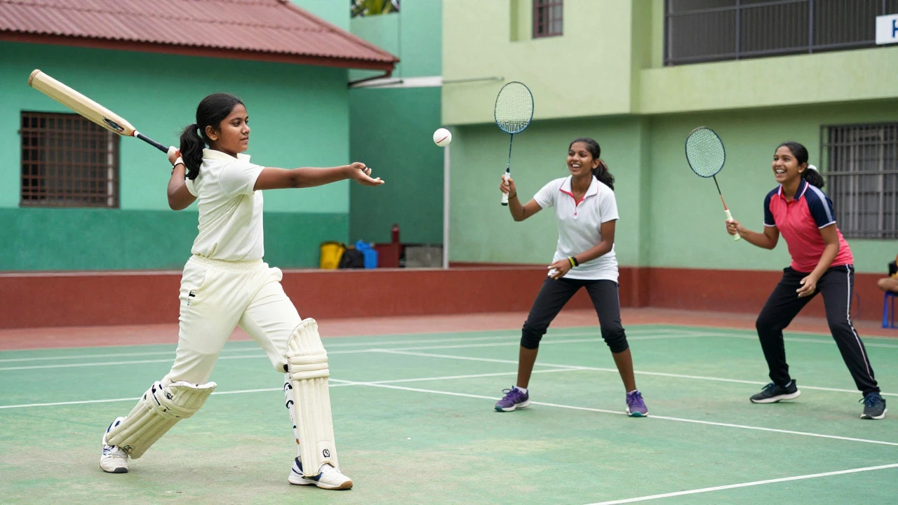 Girls playing cricket and badminton with energy and team spirit