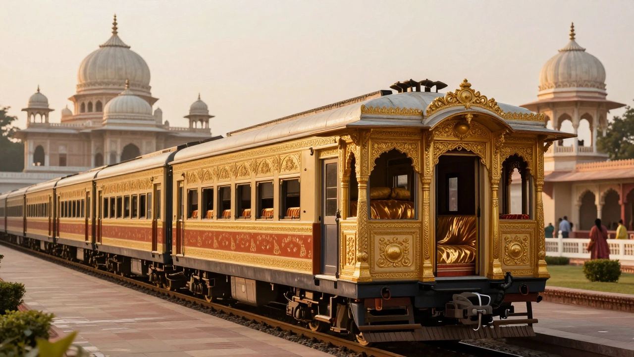 Golden Maharajas' Express train passing historic Indian palace architecture
