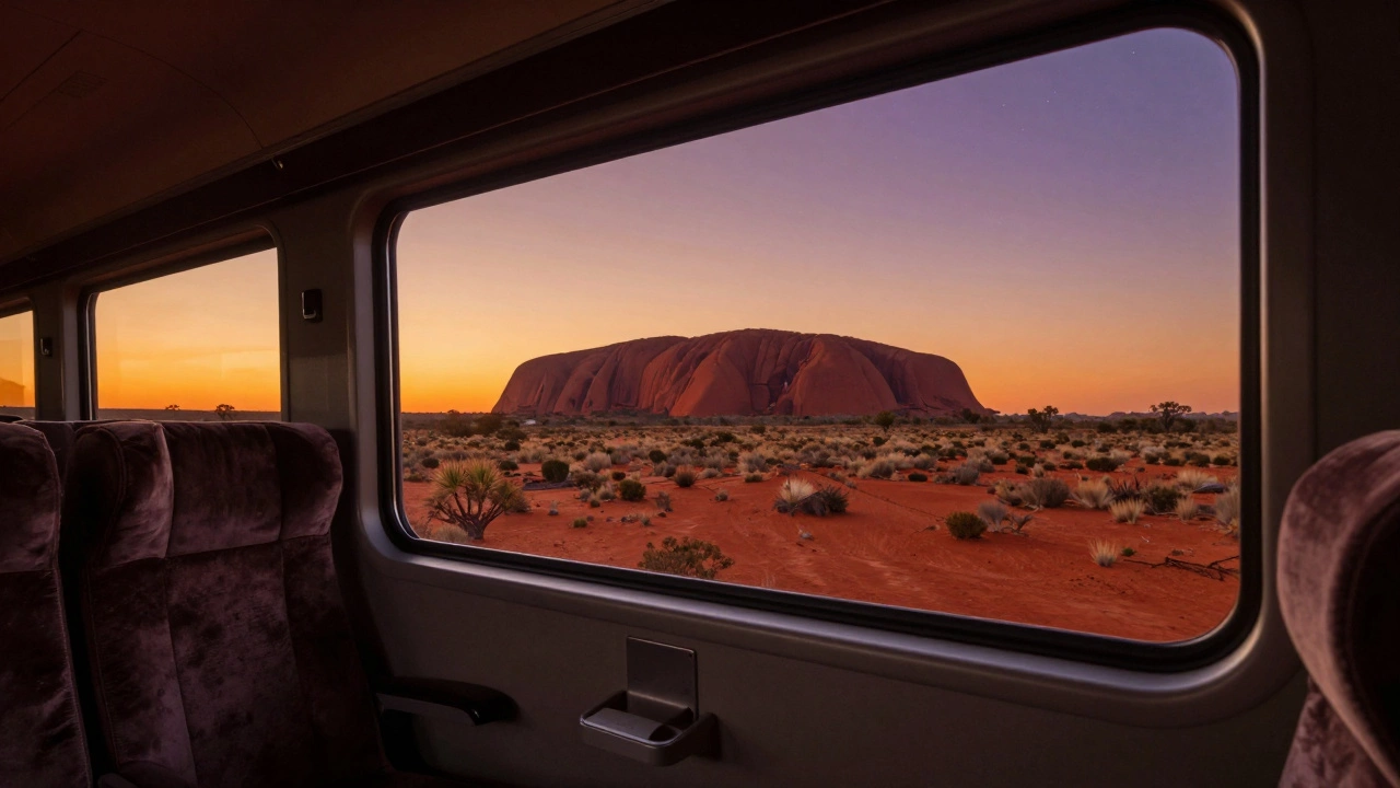 Luxury train window view of red Australian Outback and sandstone monoliths at sunset