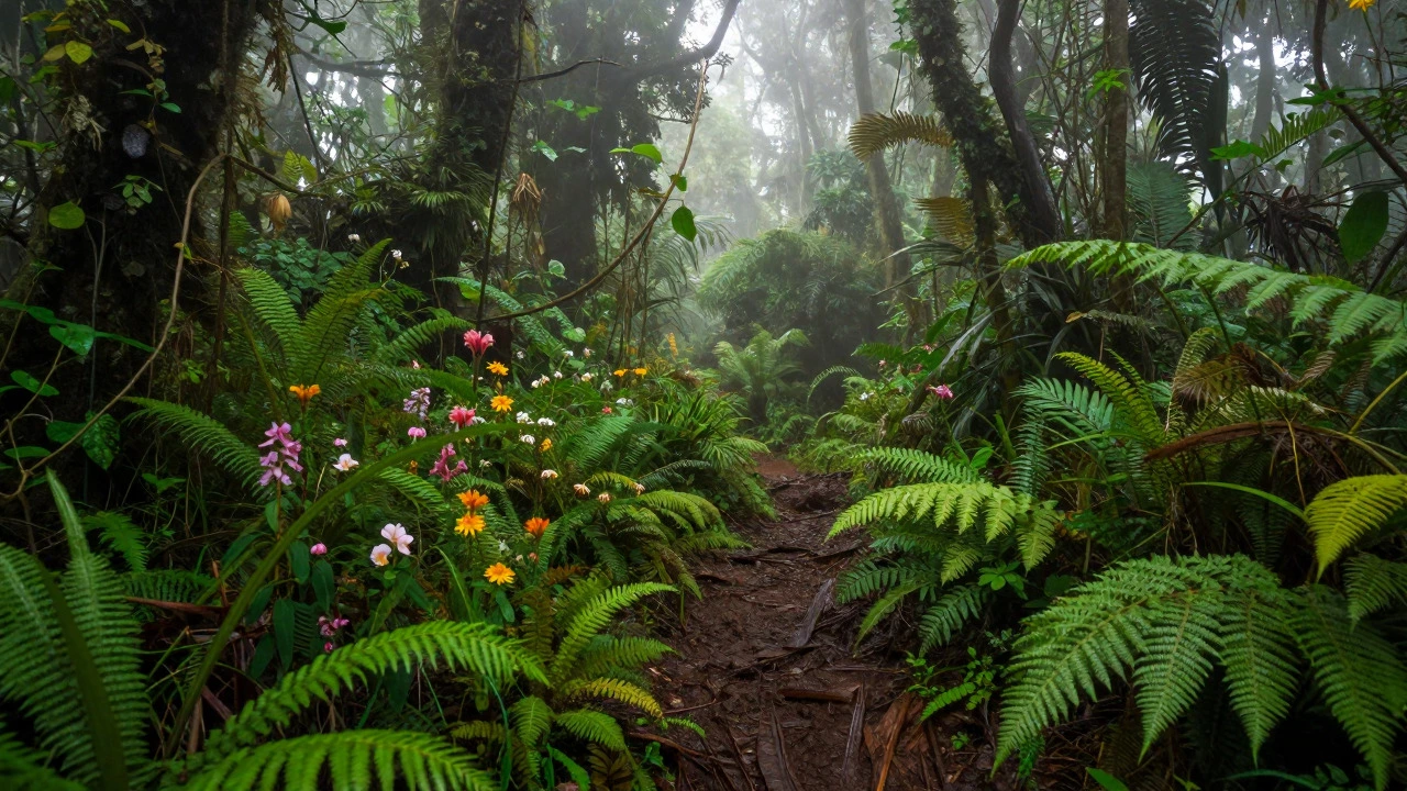 Misty rainforest trail in the Western Ghats