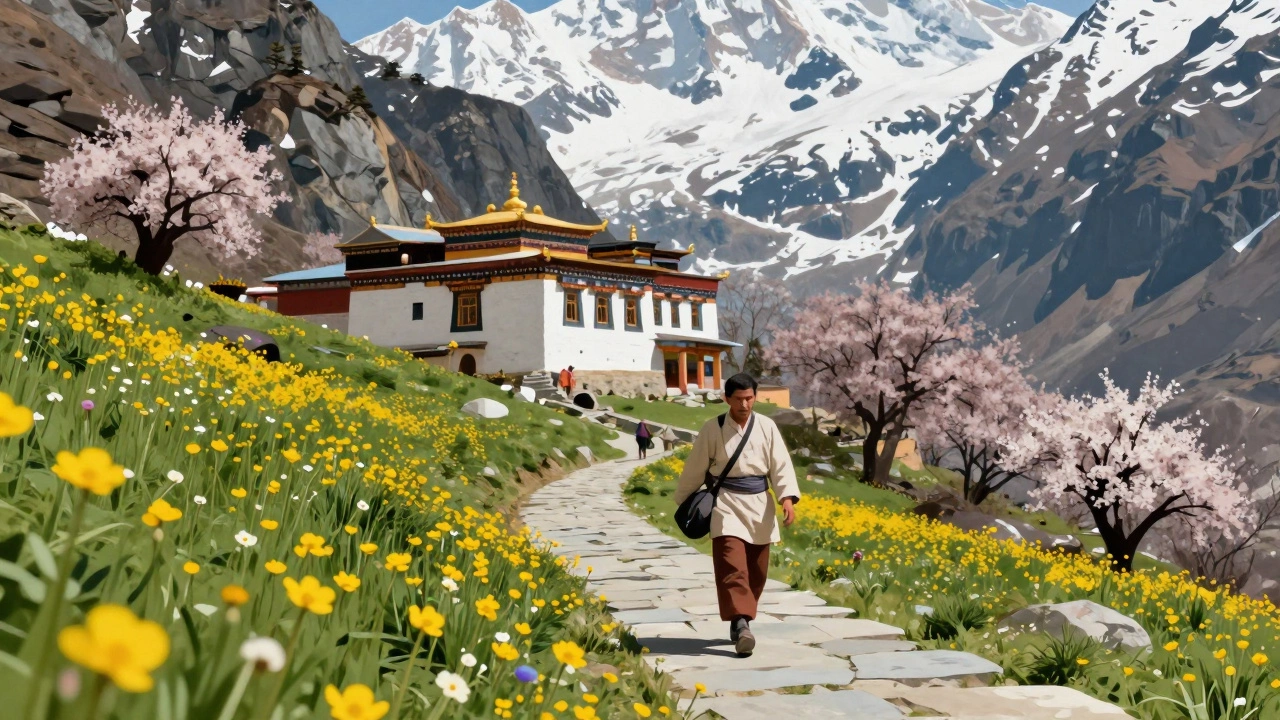 Pilgrim trekking past wildflowers towards Yamunotri temple in spring