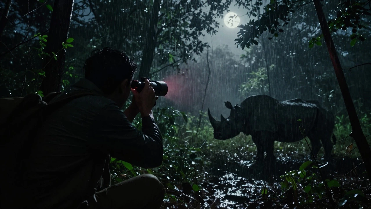Shadowy poacher aiming at a rhino in a dark, misty jungle at night