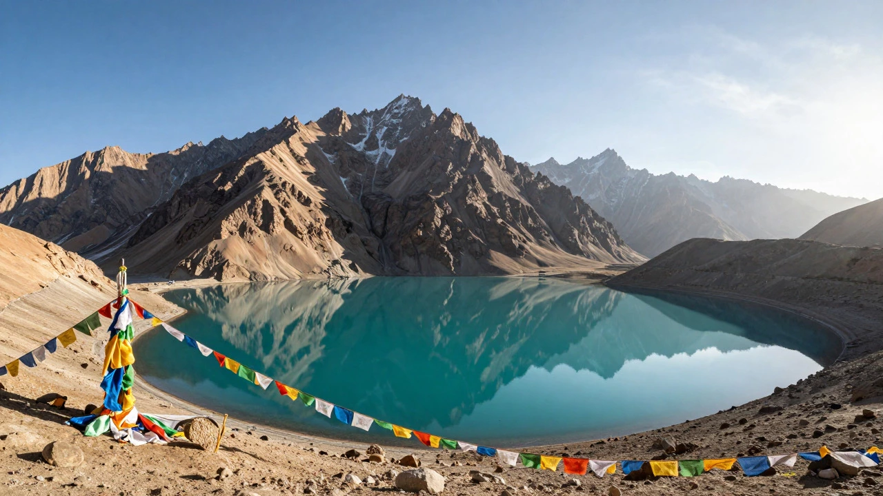 Turquoise lake in Spiti Valley with prayer flags