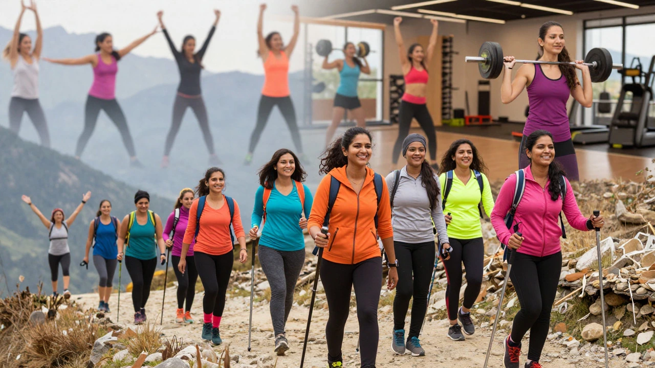 Women trekking in mountains and enjoying fitness classes
