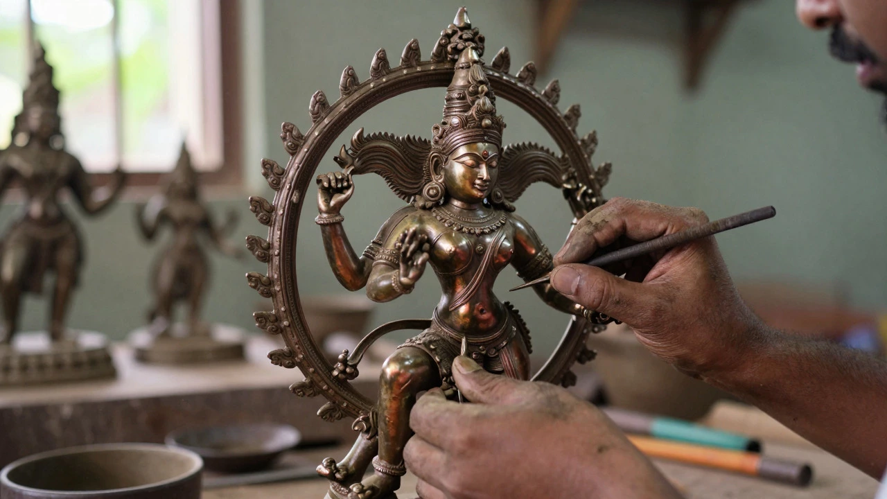 Artisan casting Chola bronze Nataraja statue in Tamil Nadu workshop