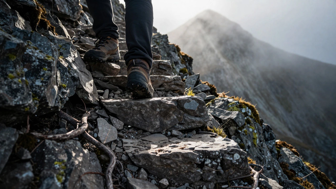 Close-up of hiking boots on a rocky, mossy slope resembling natural stairs