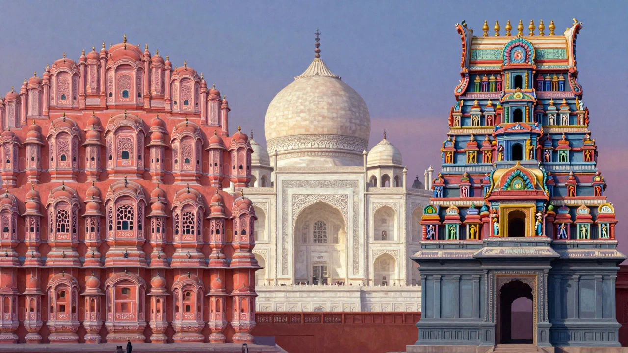 Collage of Hawa Mahal, Taj Mahal, and Tamil Nadu temple architecture