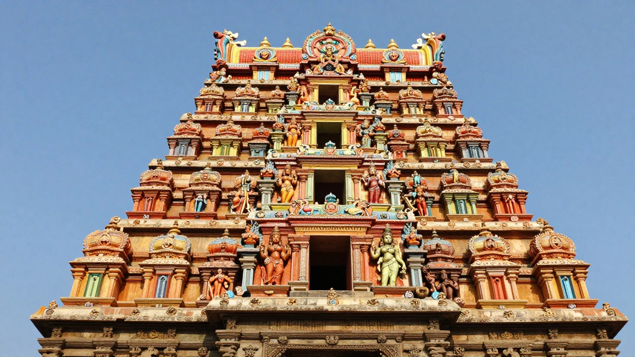 Colorful ornate tower of a historic Dravidian temple in Tamil Nadu