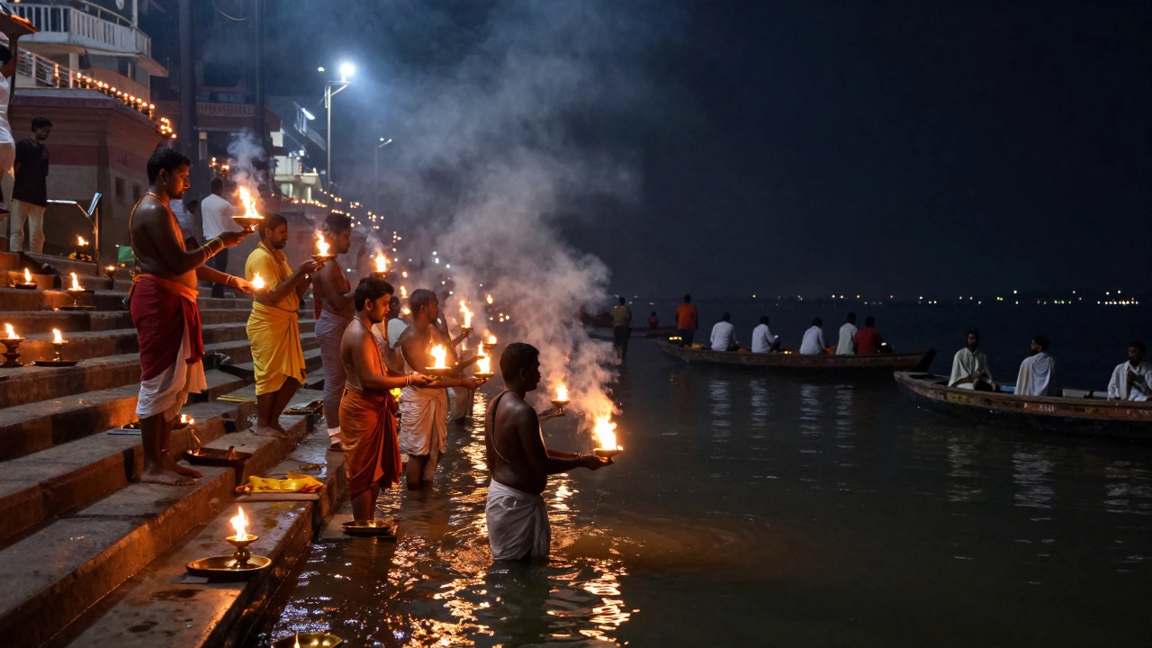 Ganga Aarti fire ceremony at Varanasi ghats at night