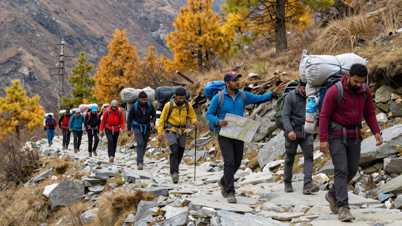 Guided group hiking on a mountain trail with porters