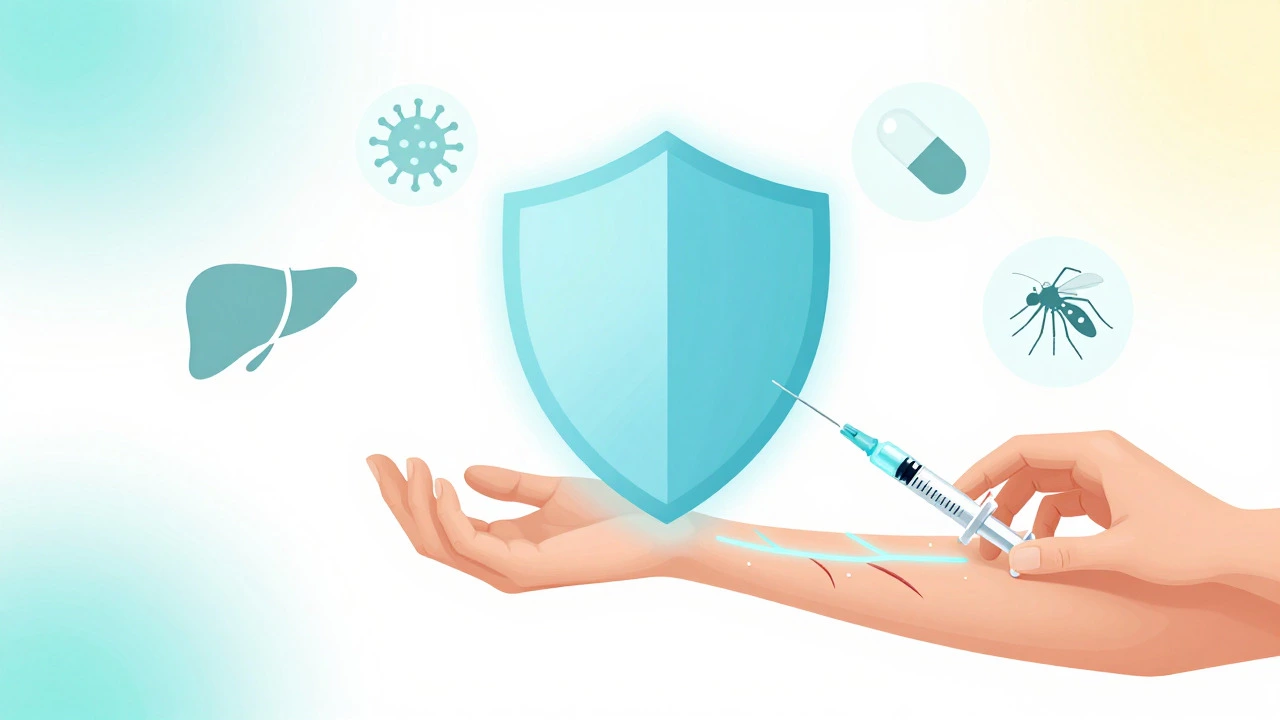 Medical illustration of an arm protected by a glowing shield against disease icons