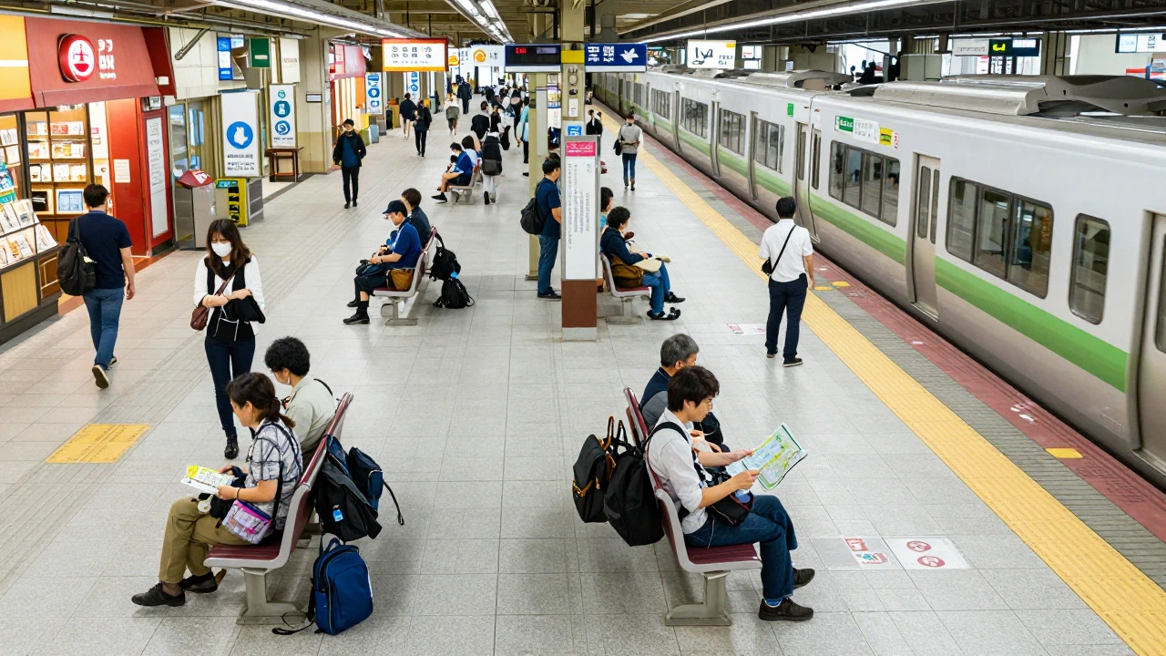 Orderly, safe train station platform in Tokyo, Japan