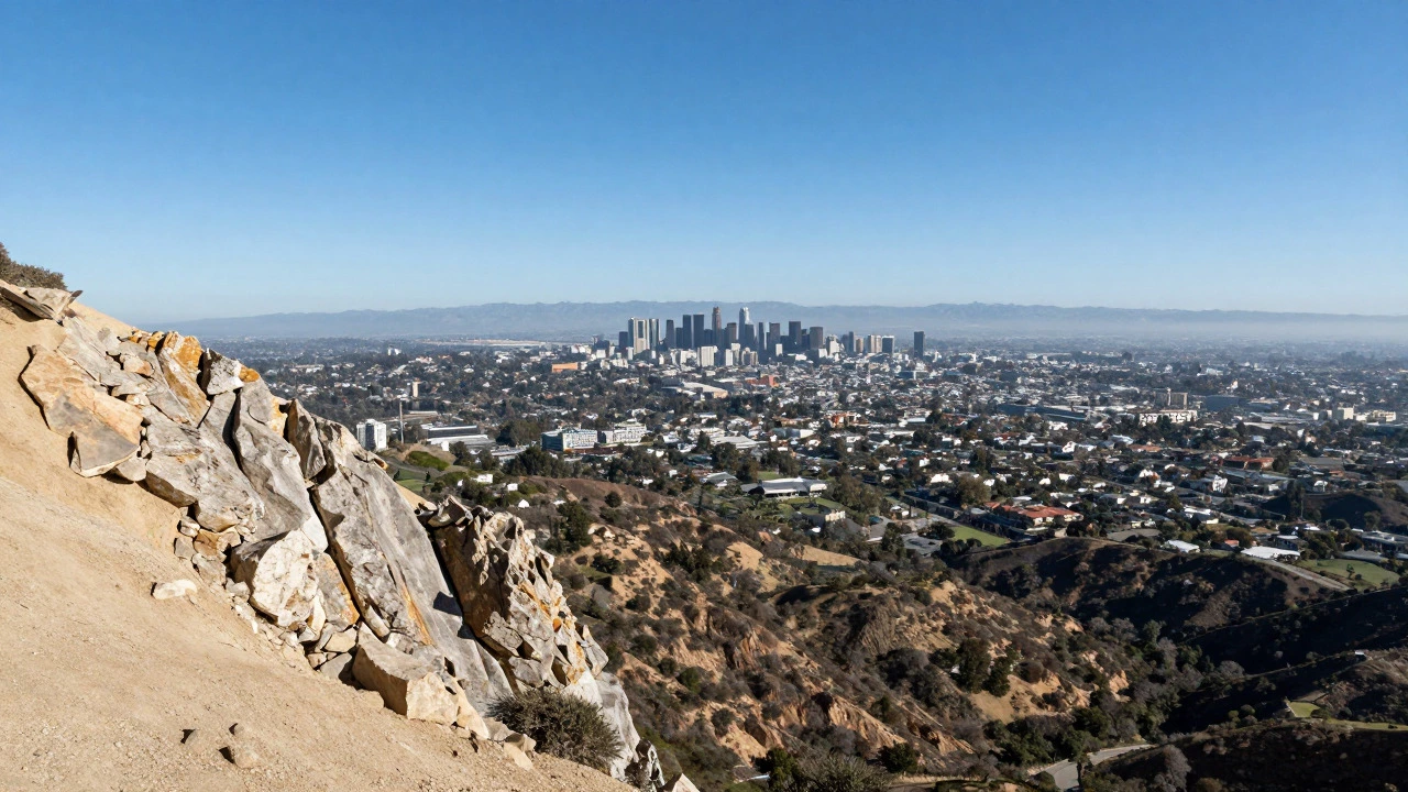 Panoramic view of the Los Angeles skyline seen from a high mountain cliff