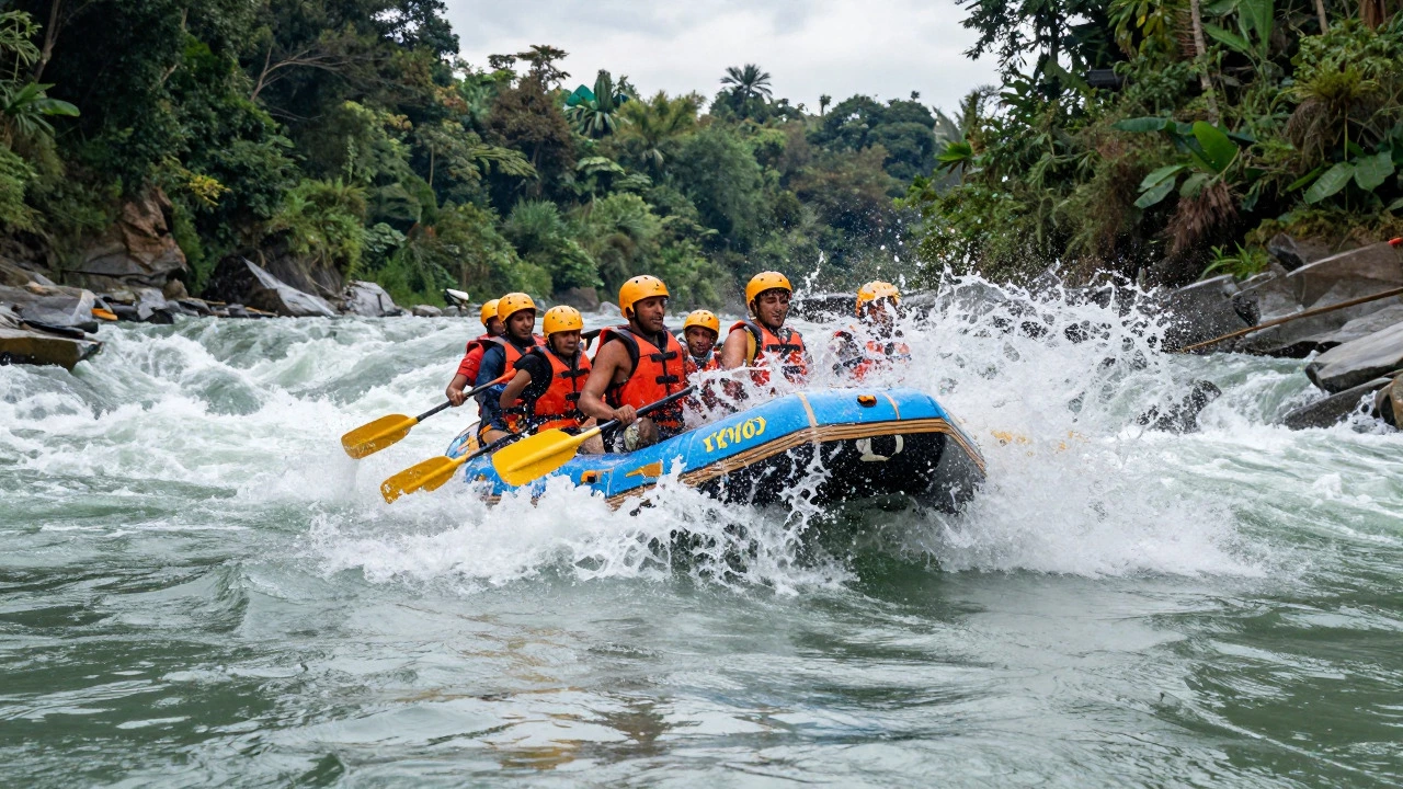 Rafters navigating rough whitewater rapids in a river