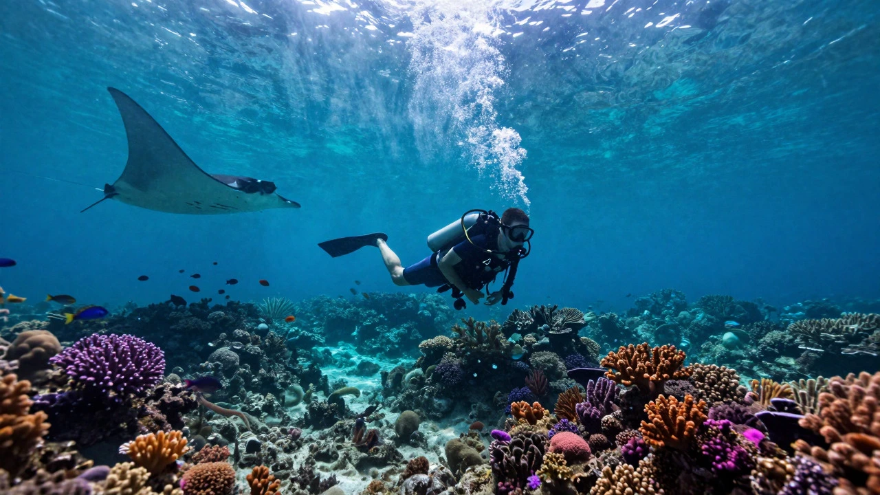 Scuba diver swimming near coral reefs and a manta ray