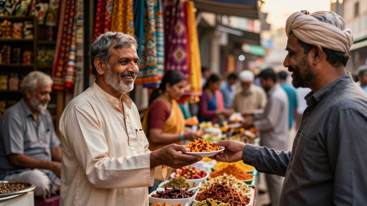 Shopkeeper offering snacks to a traveler in a bustling Old Delhi market