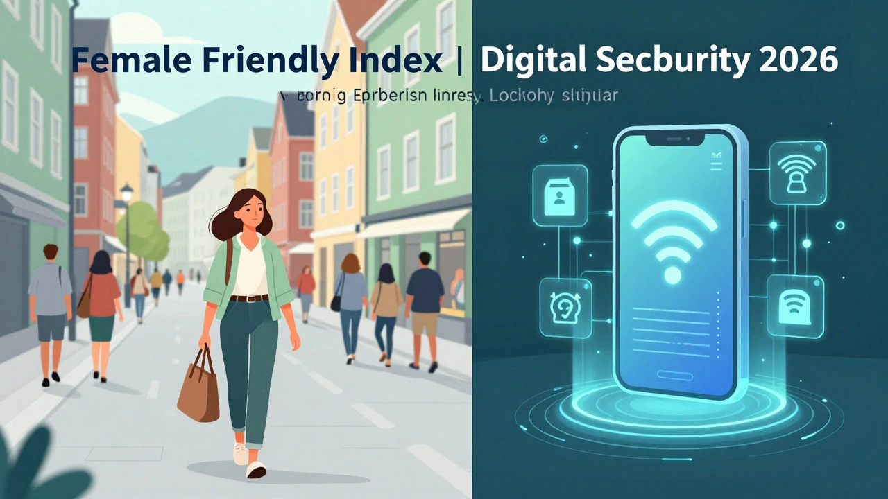 Solo woman walking safely in Norway and digital security concept