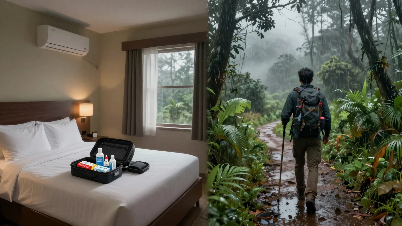 Split view of a traveler packing in a hotel and trekking in a rainy rural area