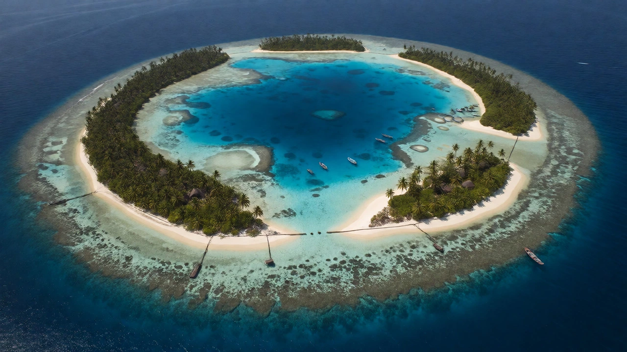 Aerial view of Lakshadweep's clear blue lagoon and palm-covered island atoll