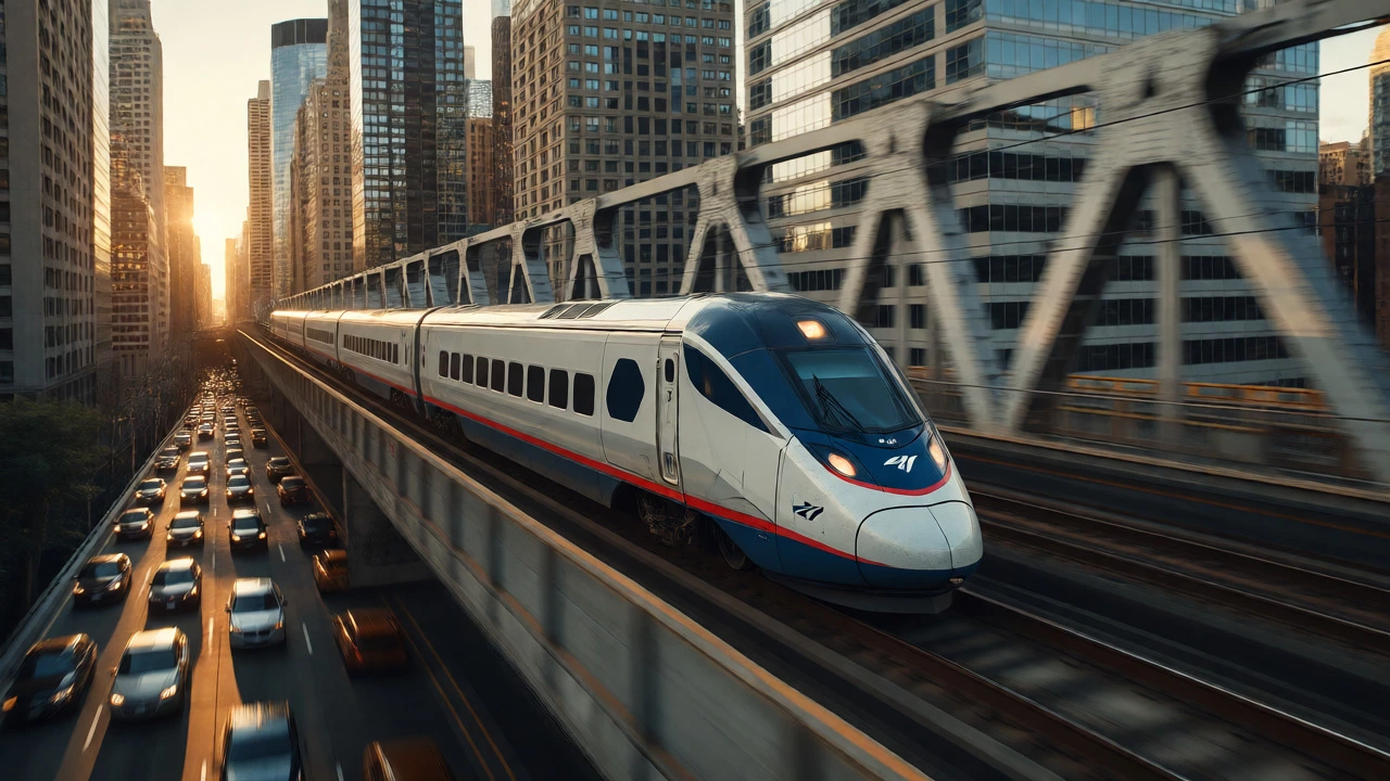 Amtrak Acela Express speeding past congested city highway during golden hour