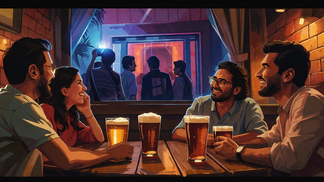 Bangalore's cozy brewery interior juxtaposed with Mumbai's glamorous club exterior.