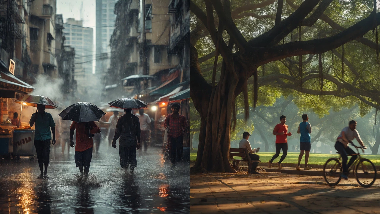 Contrast between Mumbai's heavy monsoon rain and Bangalore's sunny, breezy parks.
