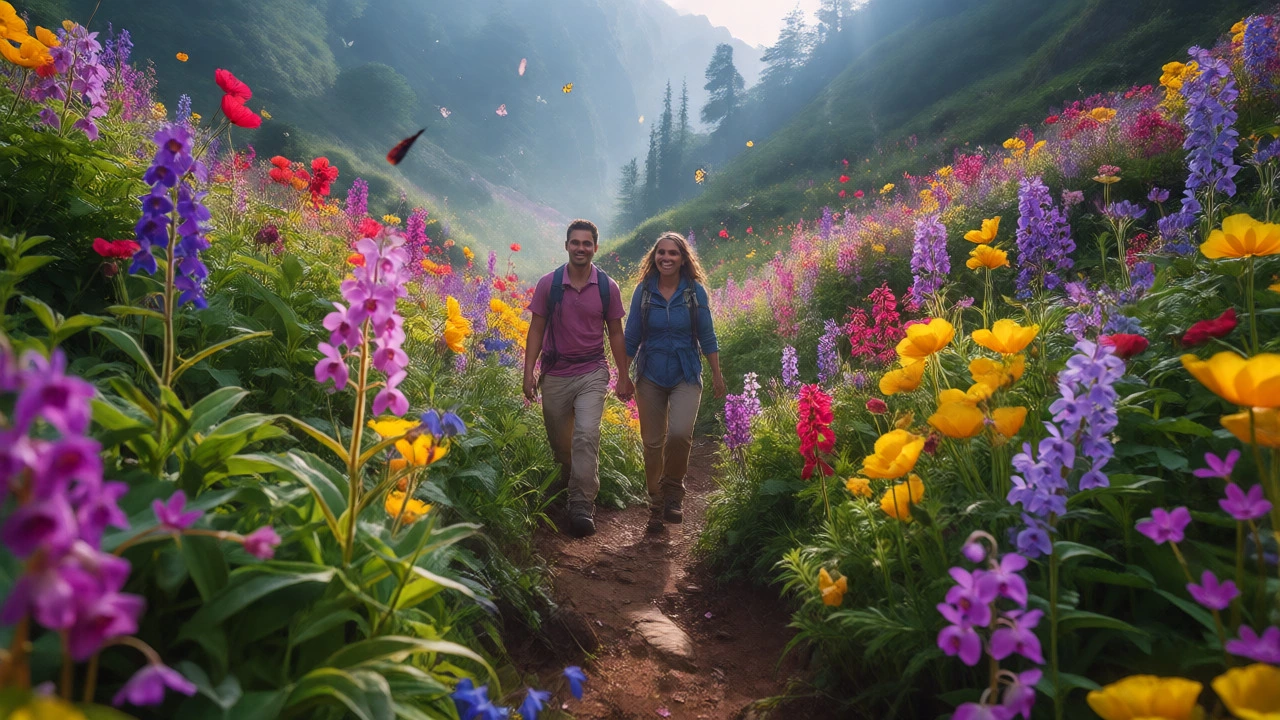 Hikers walking through vibrant blooming wildflowers in Valley of Flowers