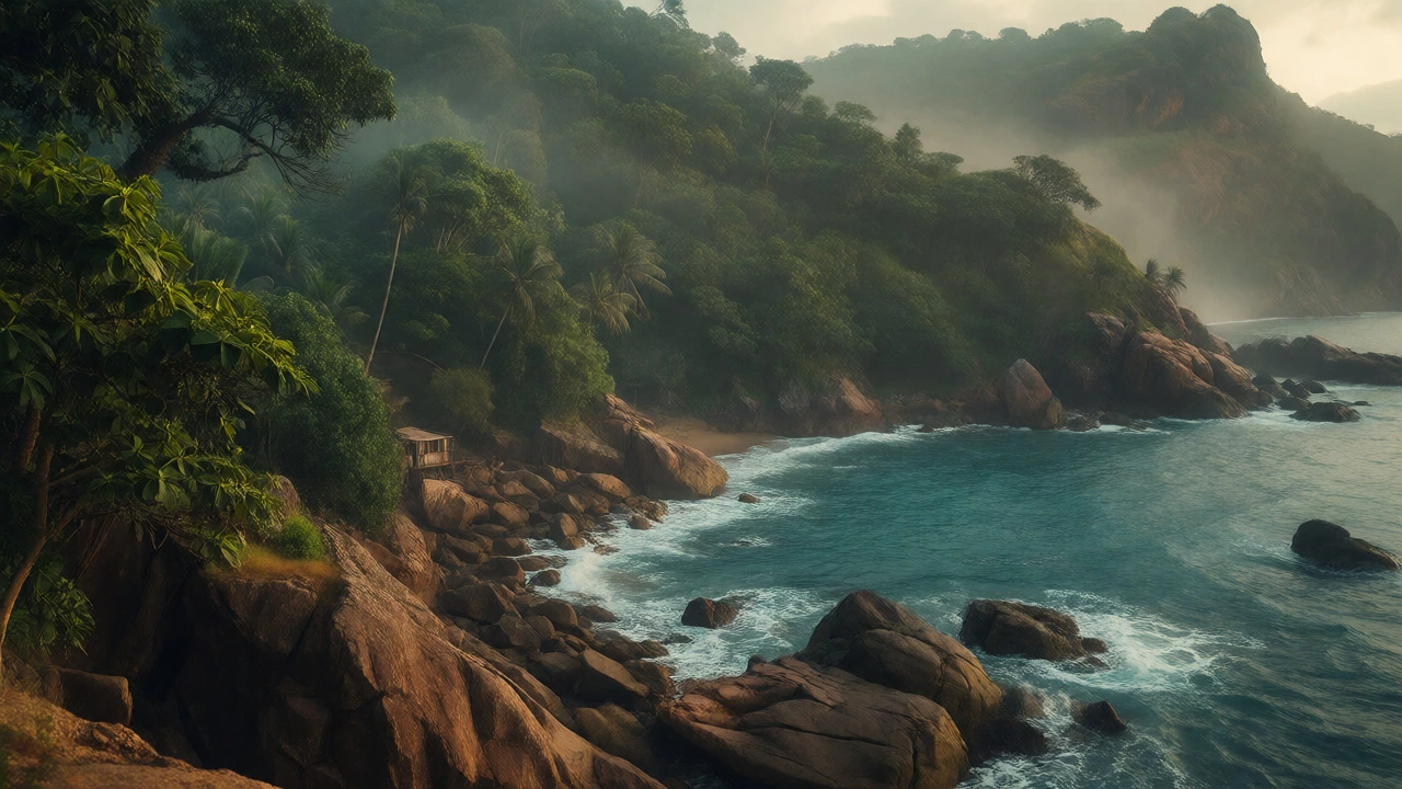 Lush green hills meeting the sea at Om Beach in Gokarna, Karnataka