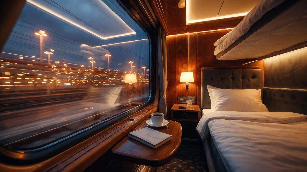 Luxurious sleeper train compartment departing Vienna at twilight