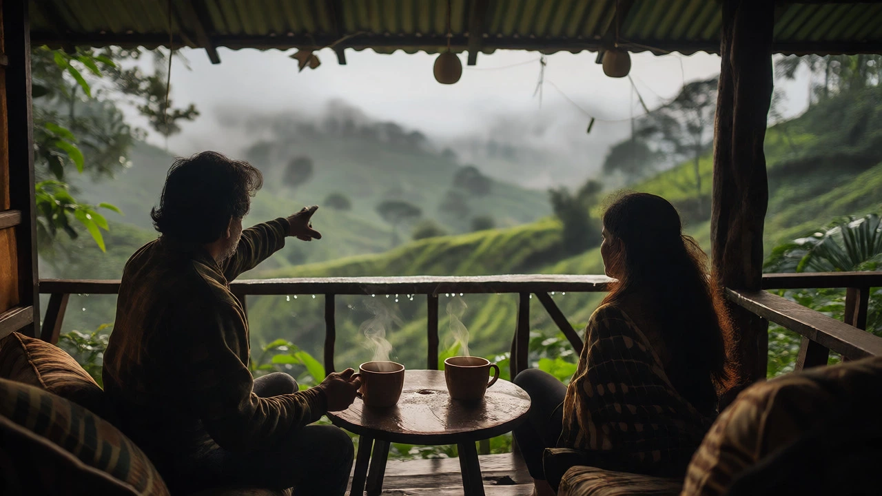 Relaxed couple drinking coffee on a misty plantation porch in Coorg