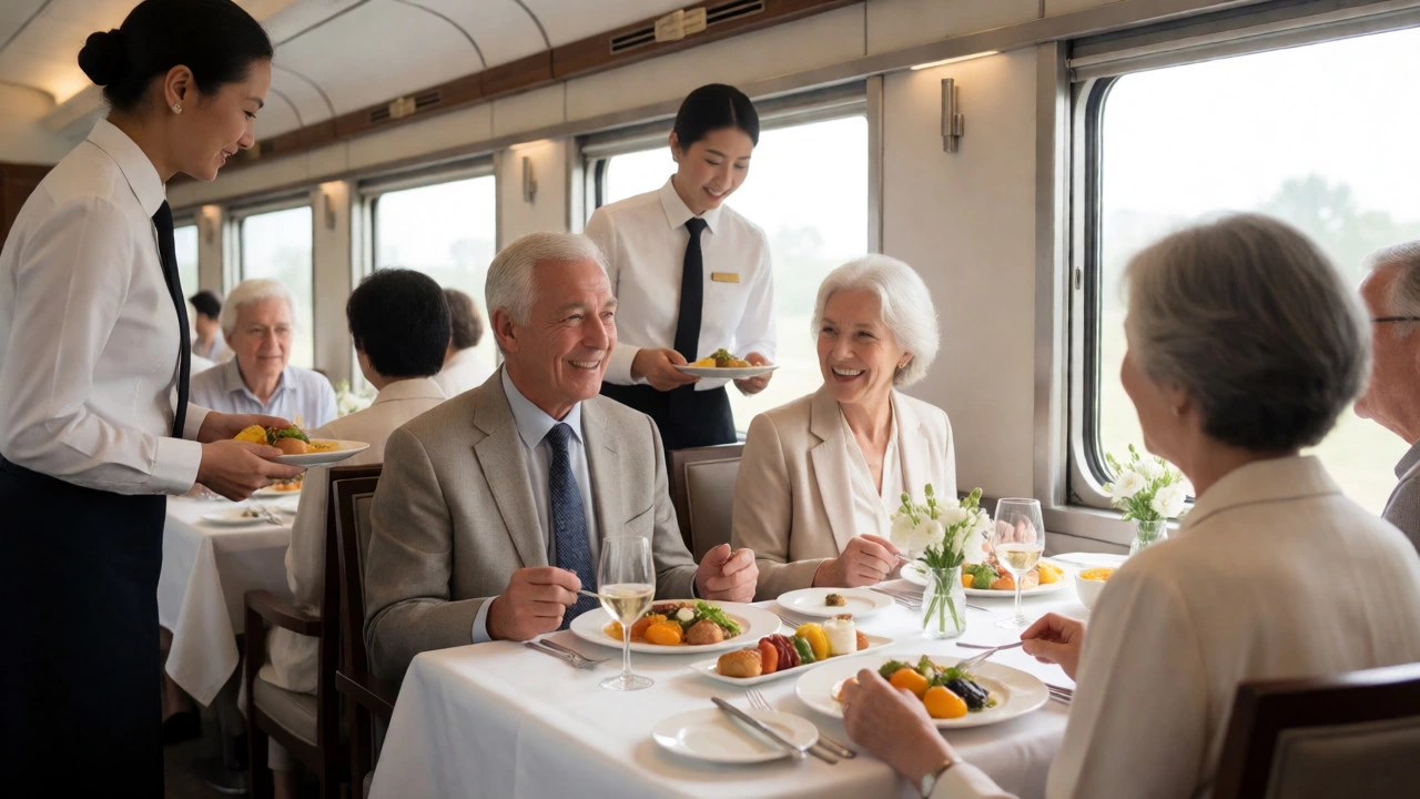 Senior travelers enjoying a meal in a luxury train dining car