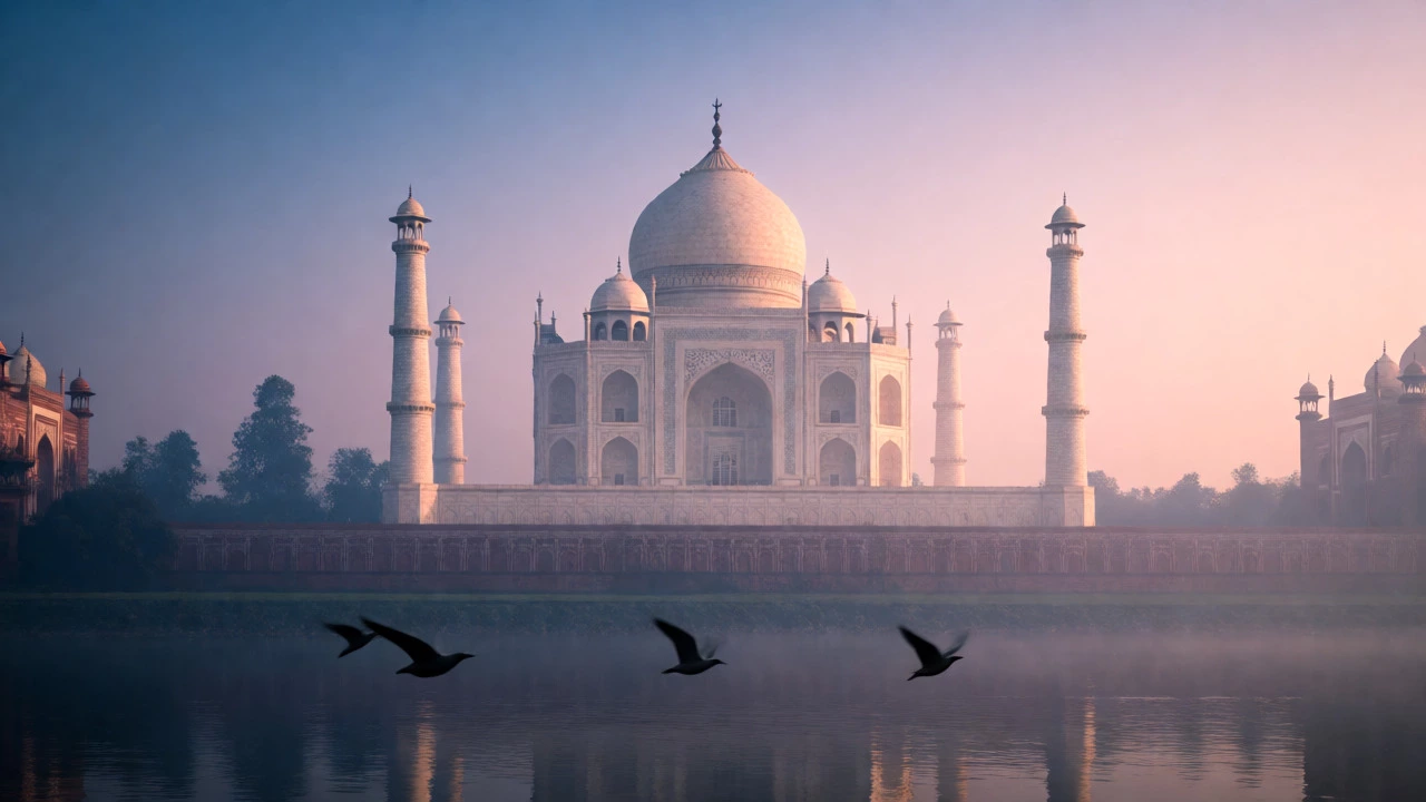Serene view of the Taj Mahal glowing in the soft light of sunrise across the river.