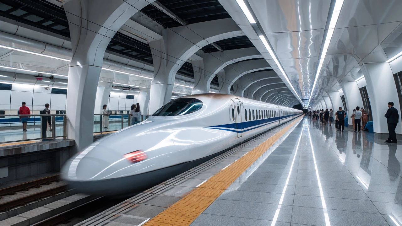 Sleek bullet train arriving at a clean, modern Asian station platform