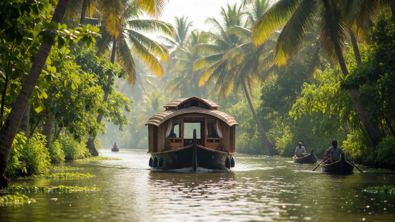 Traditional houseboat gliding through the lush, green palm-lined backwaters of Kerala.