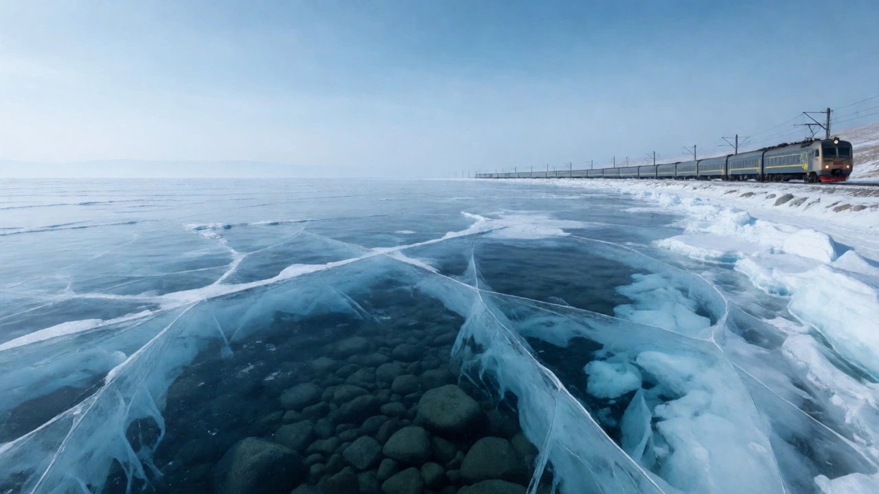 Trans-Siberian train traveling along the frozen, cracked ice of Lake Baikal in winter