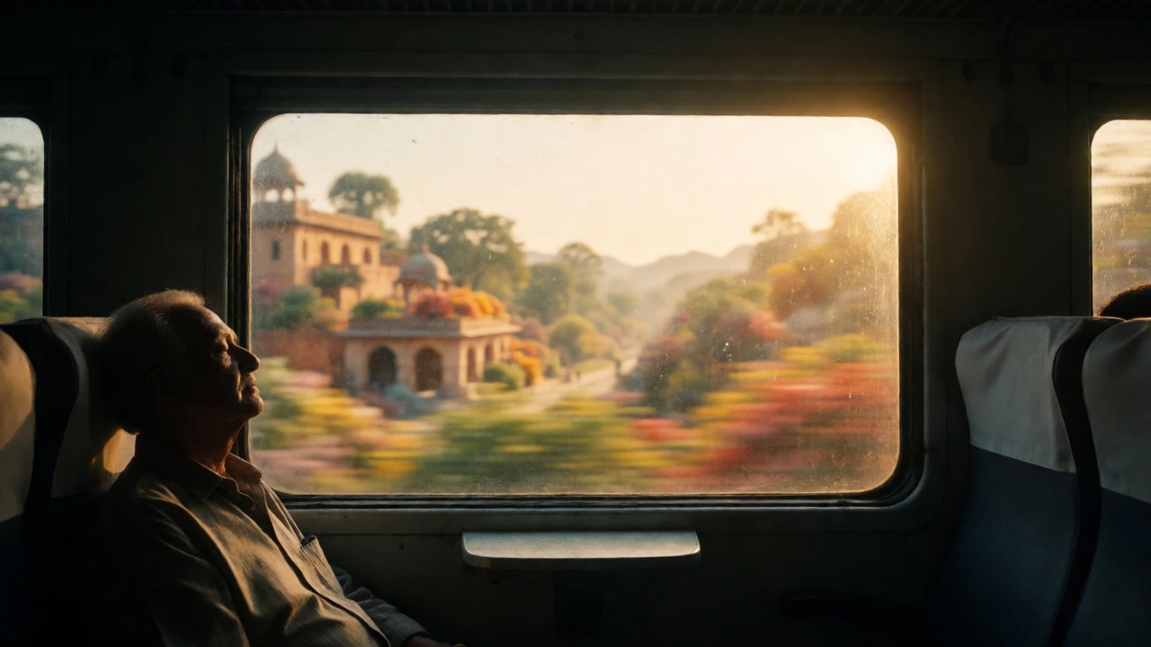 View from a luxury train window showing Indian landscapes