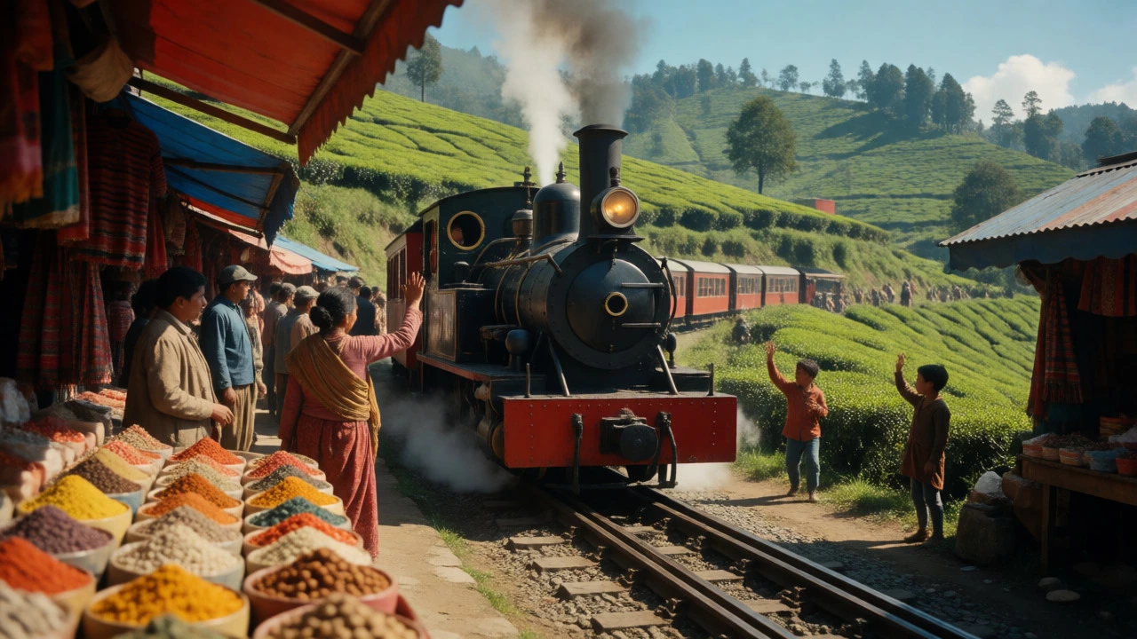 Vintage steam train passing a busy Indian market street with tea gardens in background