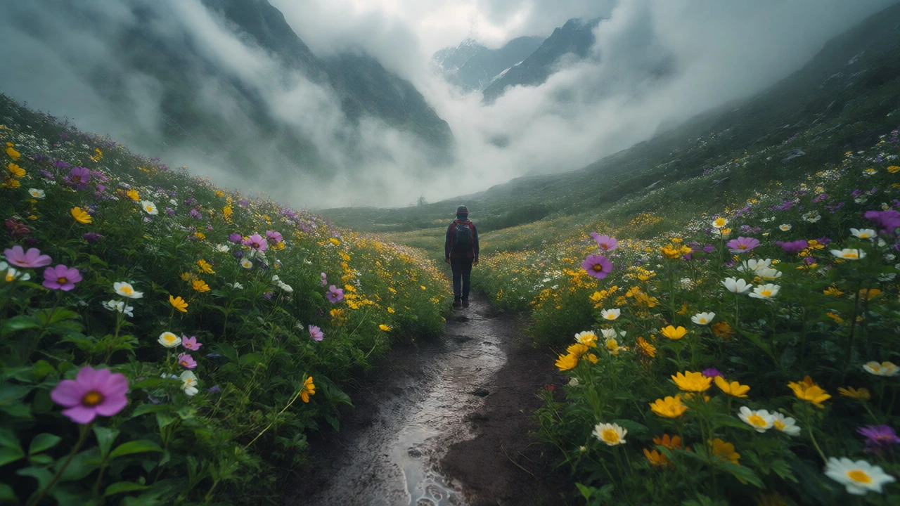 A lone hiker walks through the blooming Valley of Flowers amidst misty Uttarakhand mountains.