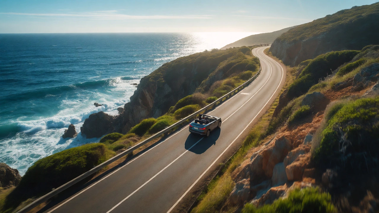 Aerial view of a car driving along a scenic coastal cliff road under bright sunlight, representing short-distance travel.