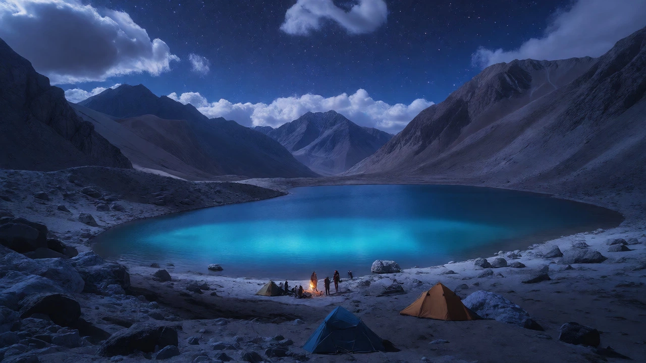 Campers rest by the turquoise waters of Chandratal Lake under a starry night sky.