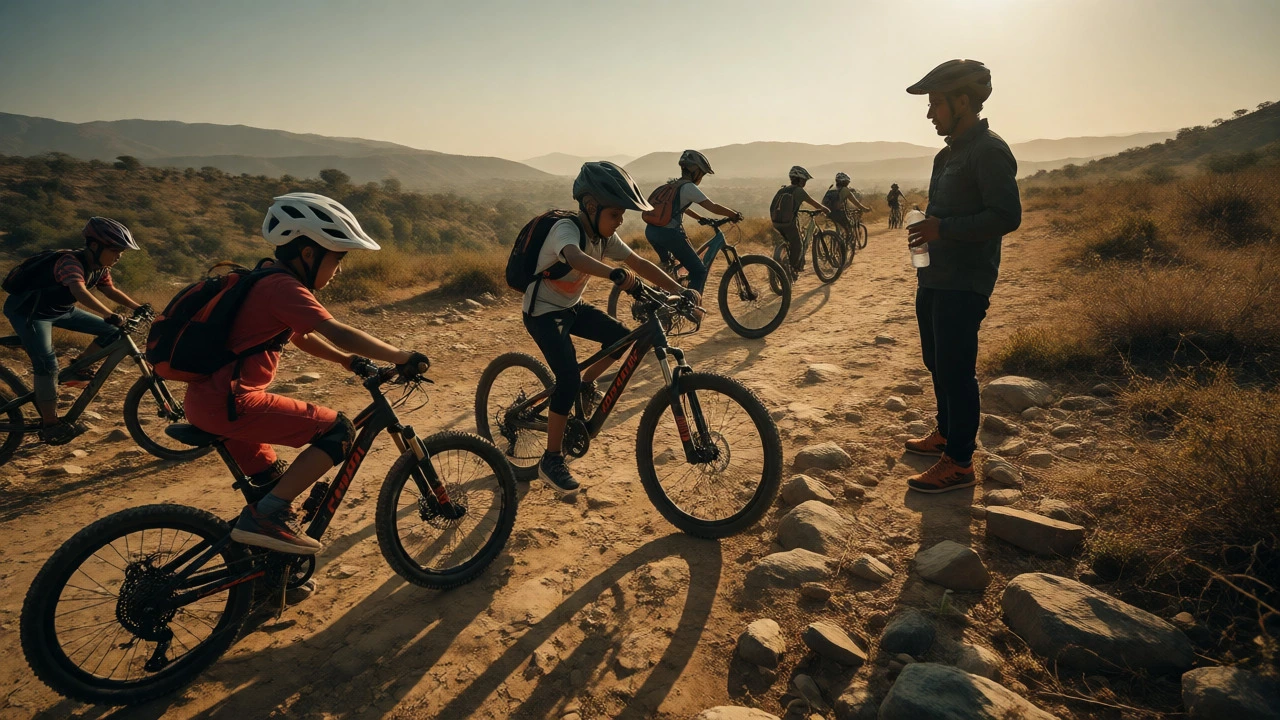 Children mountain biking on a rough trail
