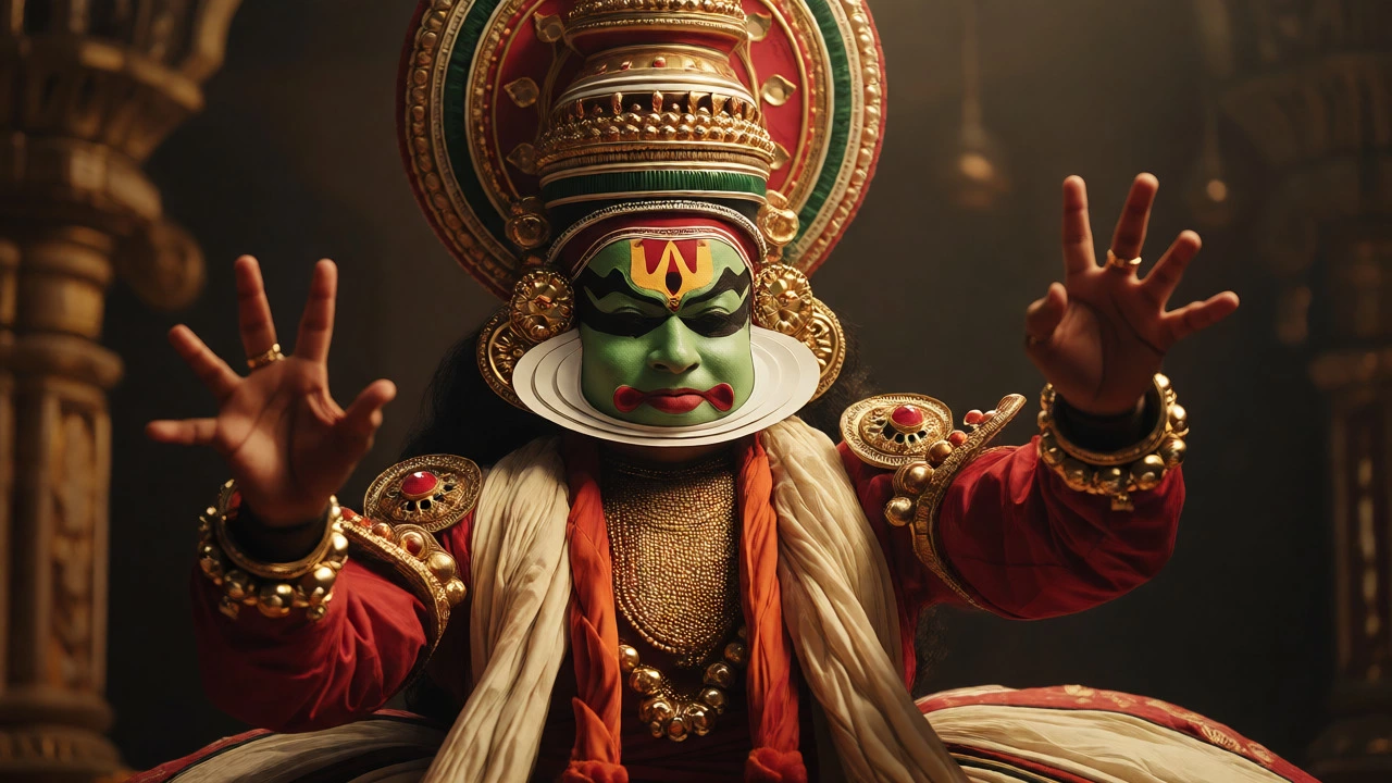 Close-up of a Kathakali dancer in elaborate costume and face paint.