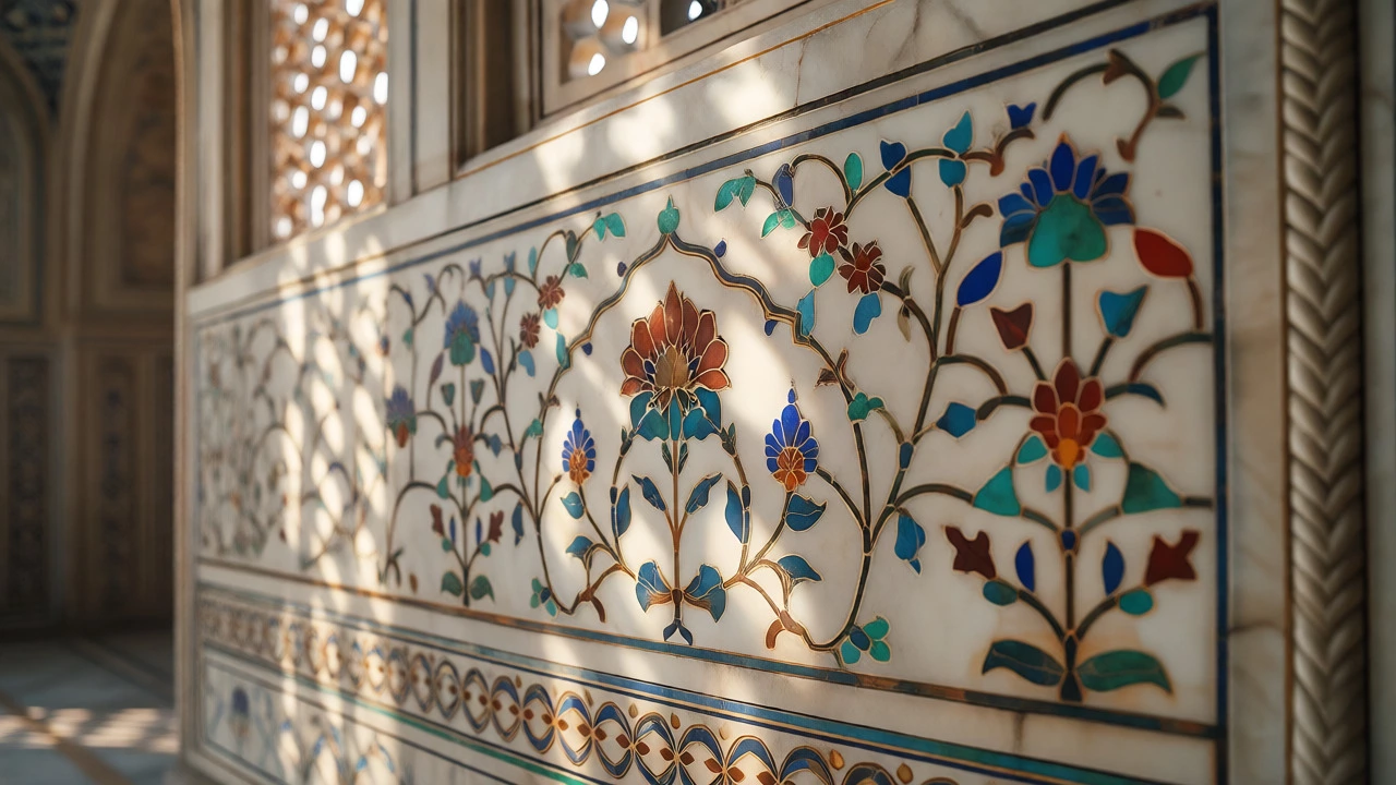 Close-up of intricate pietra dura inlay on marble walls